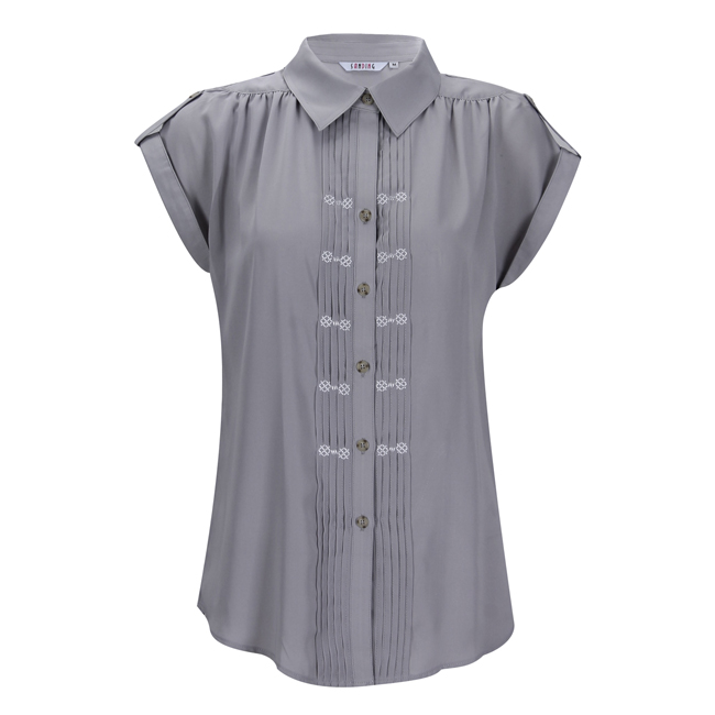 Áo sơmi nữ màu xám xếp ply thêu